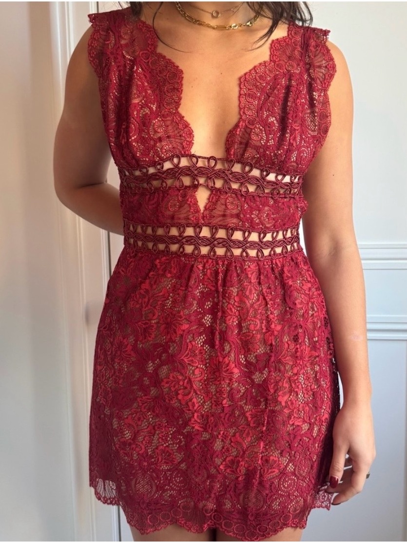 For Love And Lemons Burgundy Lace Cutout Mini Dress